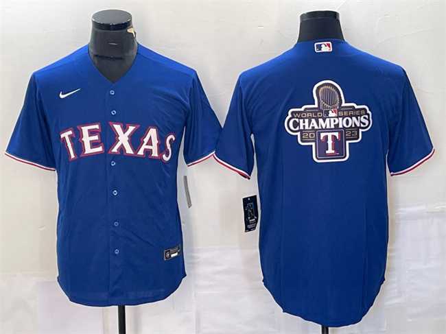 Mens Texas Rangers Royal 2023 World Series Champions Big Logo Cool Base Stitched Baseball Jersey1